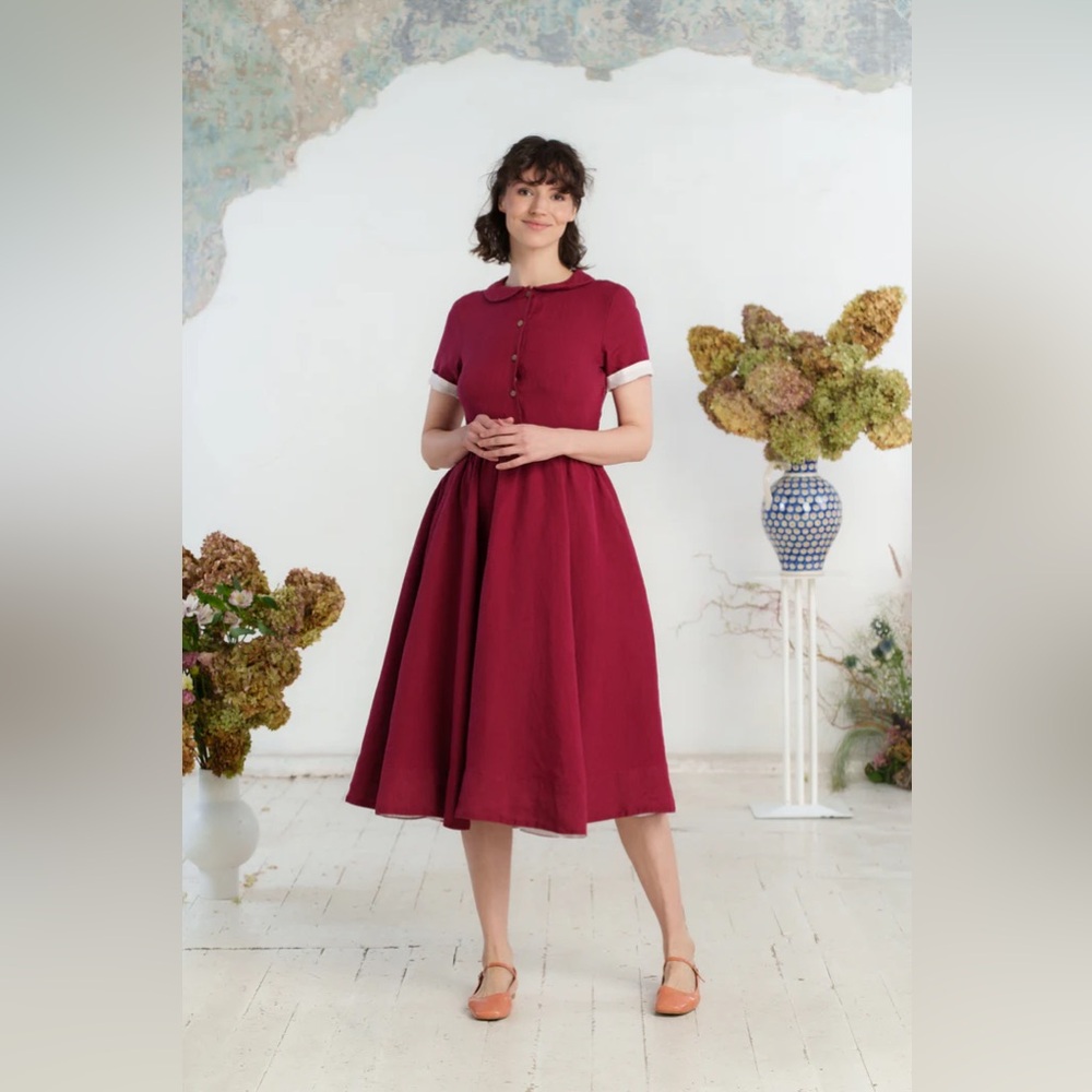 SOLD Son de Flor Marsala Red Classic Linen Dress Size Small
